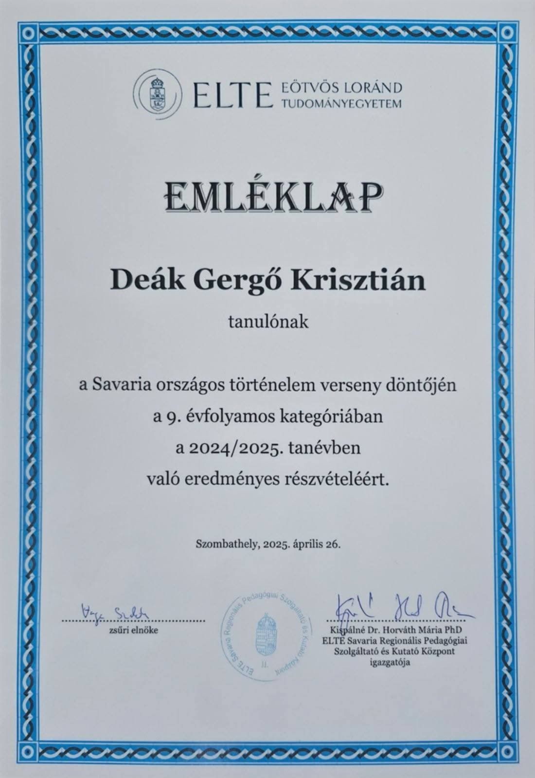 Savaria országos történelem tanulmányi verseny